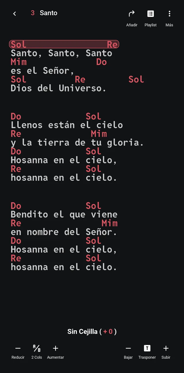 Canción con la letra grande y la primera línea de acordes resaltada en Do Re Mi