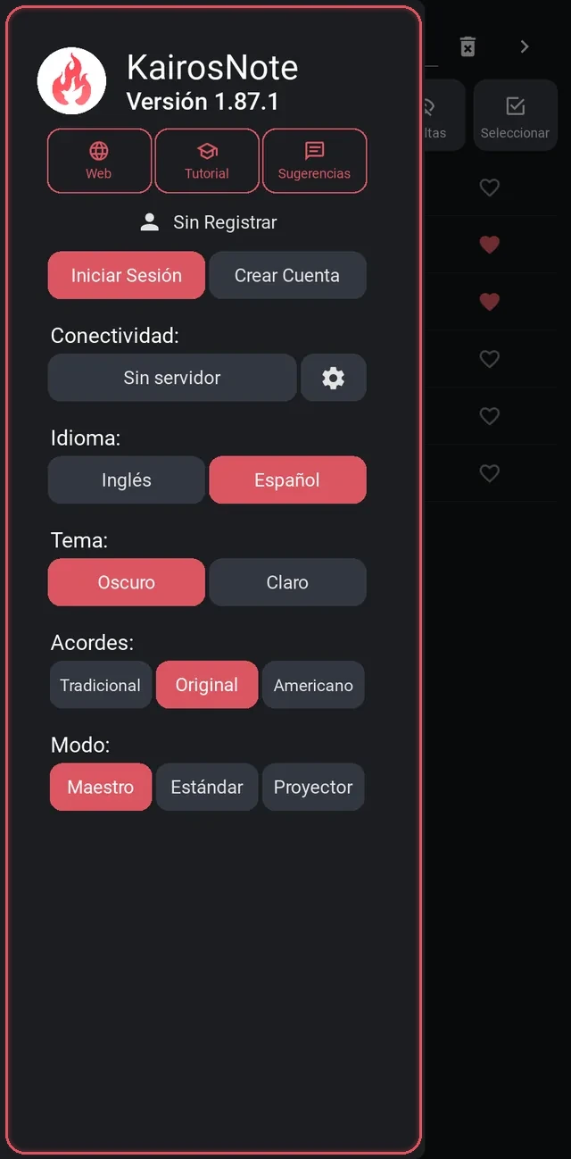 Ajustes abiertos: cuenta, conectividad, idioma, tema, acordes y modo