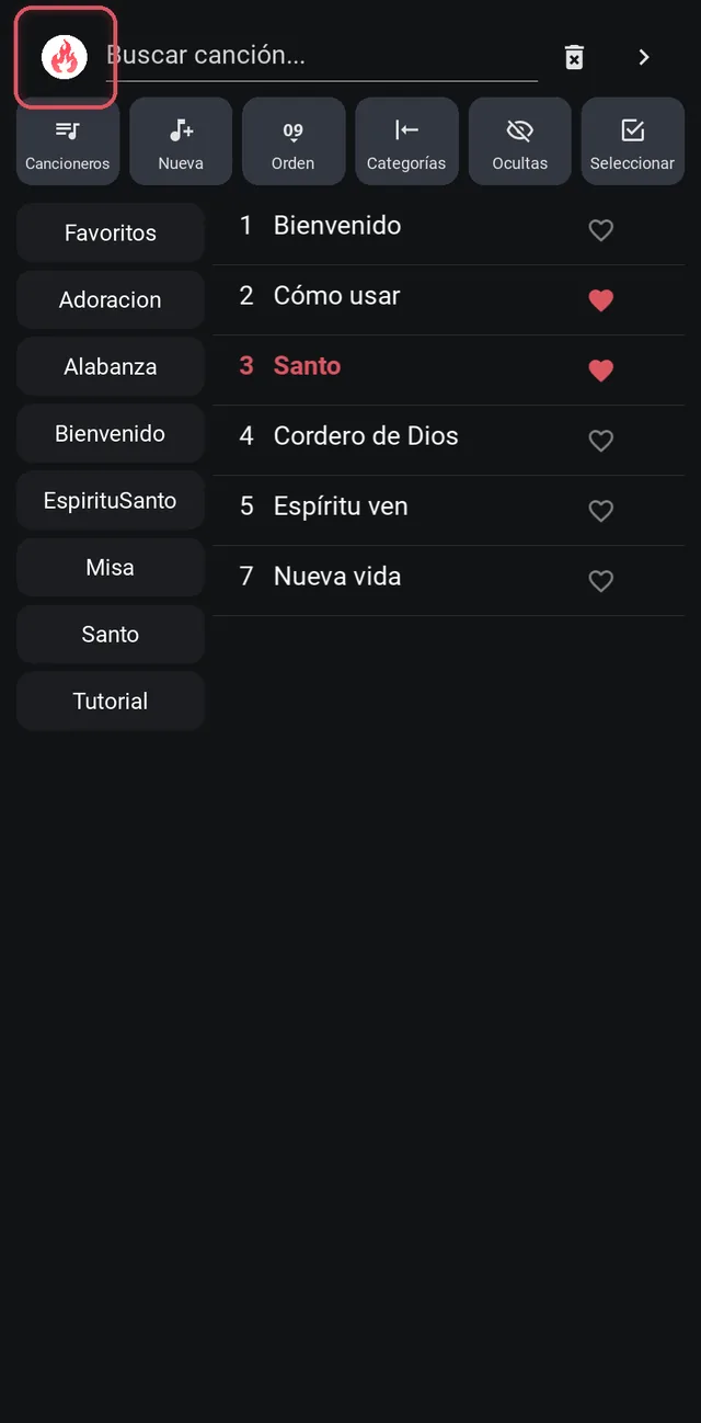 Lista de canciones con el logo de KairosNote resaltado junto al buscador