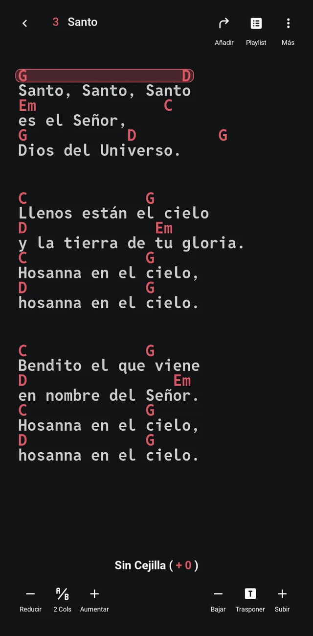 La misma canción con los acordes equivalentes en notación americana resaltados