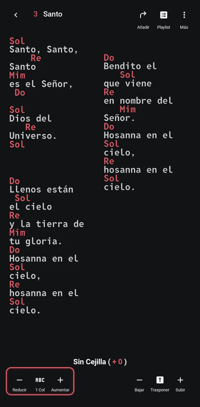 Visor de canción a dos columnas con la letra grande