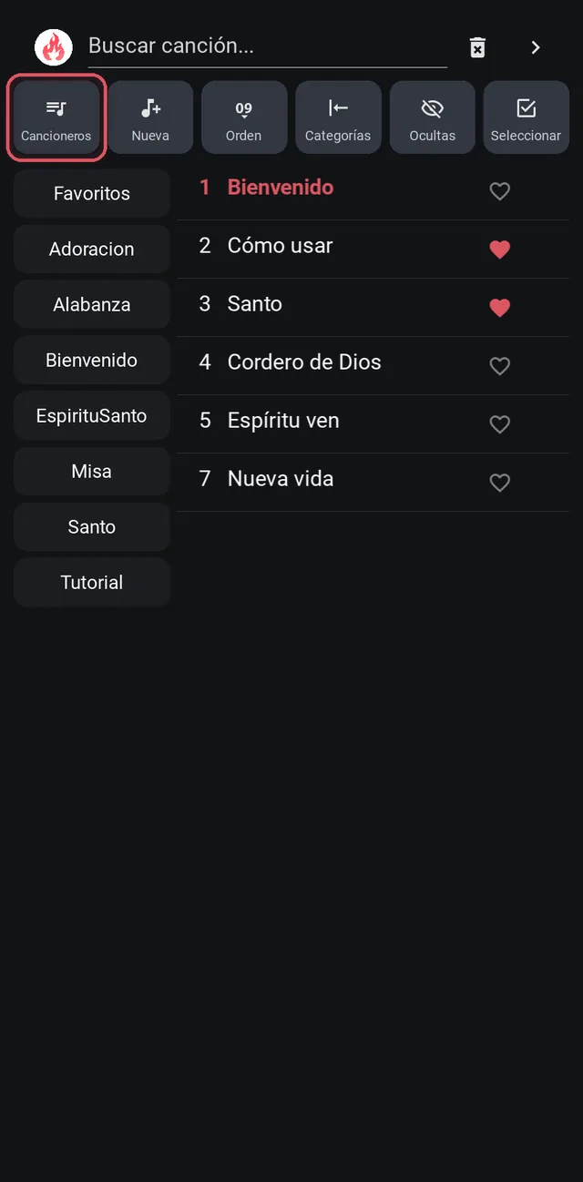 Lista de canciones con el botón Cancioneros resaltado