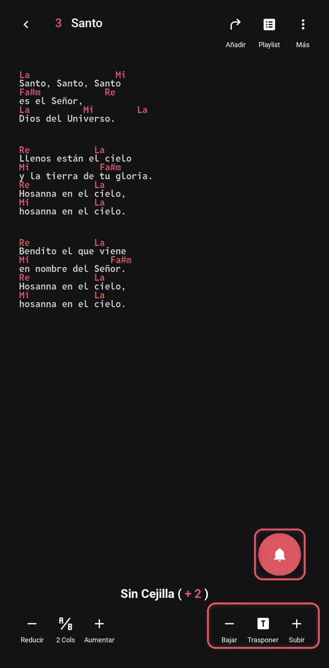 Visor de canción en modo Maestro: la campana y los botones de tono resaltados