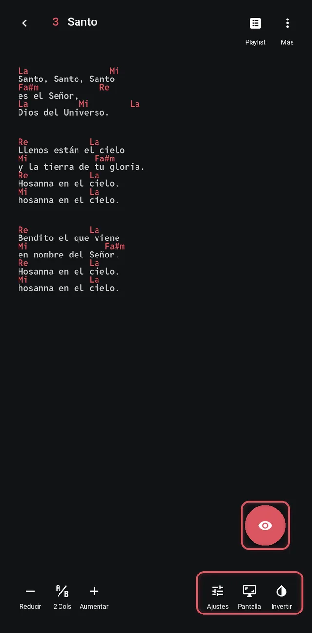 Visor de canción en modo Proyector: el ojo y los botones Ajustes, Pantalla e Invertir resaltados