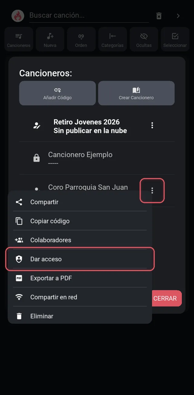 Menú del cancionero con Dar acceso resaltado