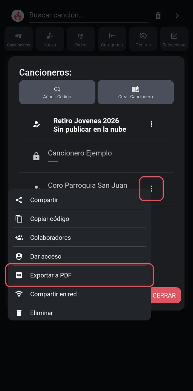Menú del cancionero con Exportar a PDF resaltado