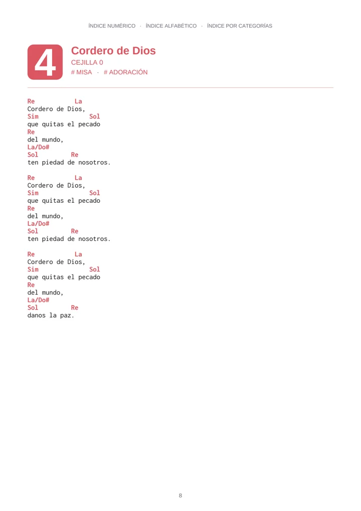 Una canción en el PDF, con acordes y cejilla
