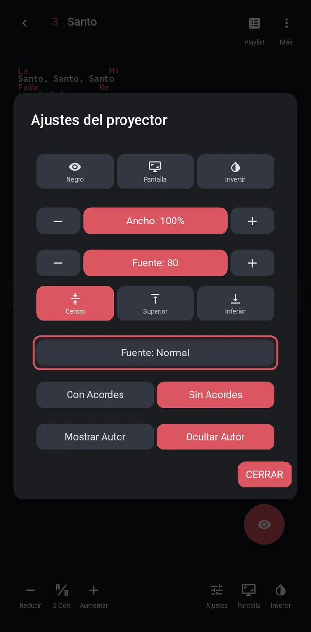 Ajustes del proyector con Fuente resaltado