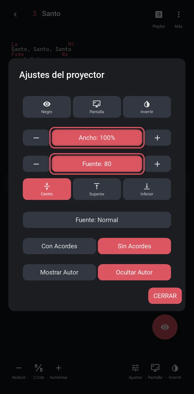 Ajustes del proyector con Ancho y Fuente resaltados