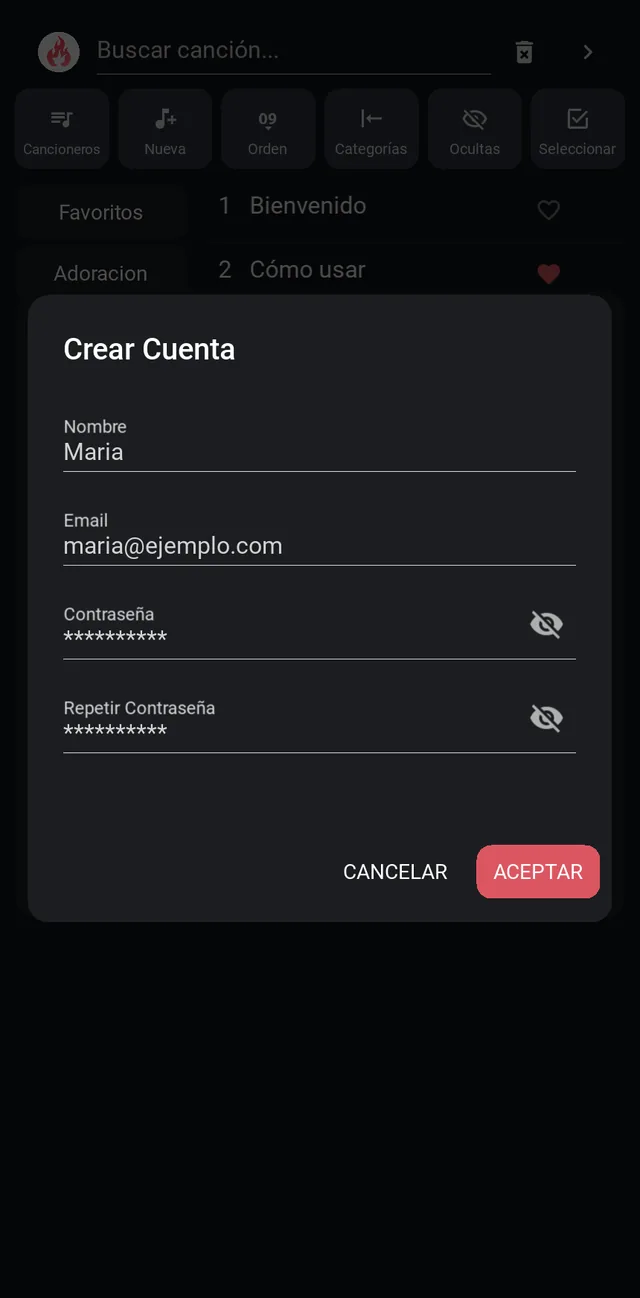 Formulario Crear Cuenta con nombre, email y contraseña