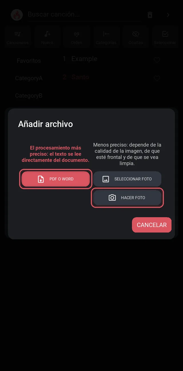 Ventana Añadir archivo con PDF o Word y Hacer foto resaltados