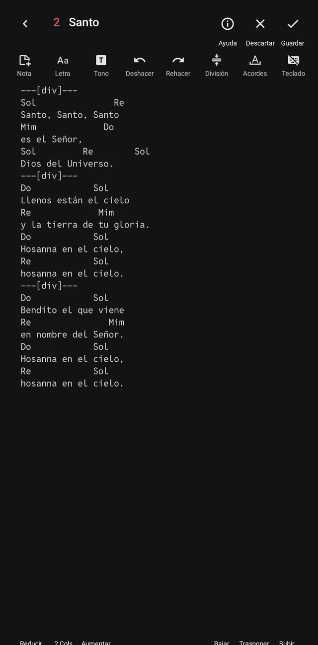 Editor de una canción con su barra de botones