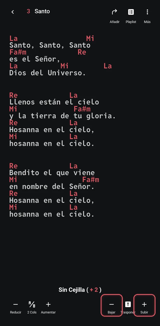 Canción subida dos semitonos con los botones Bajar y Subir resaltados