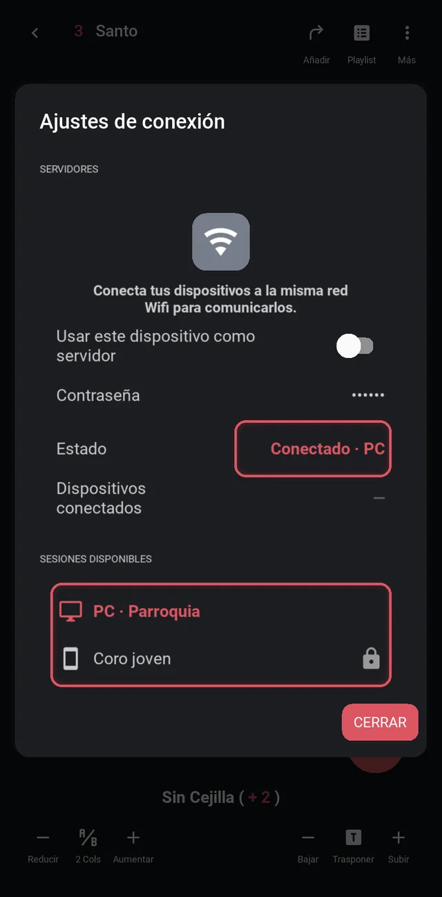 Ajustes de conexión de un móvil unido a un ordenador, con una sesión móvil con contraseña en la lista