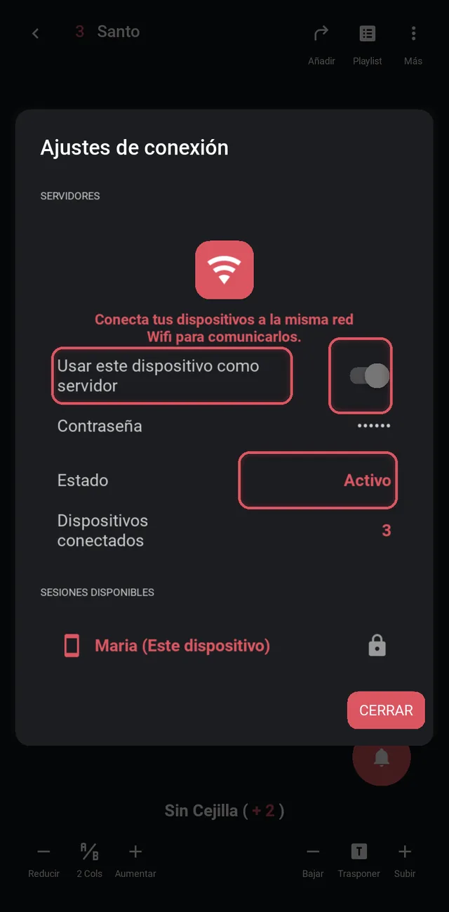 Ajustes de conexión de un móvil que hace de servidor: interruptor activado, estado Activo y tres dispositivos