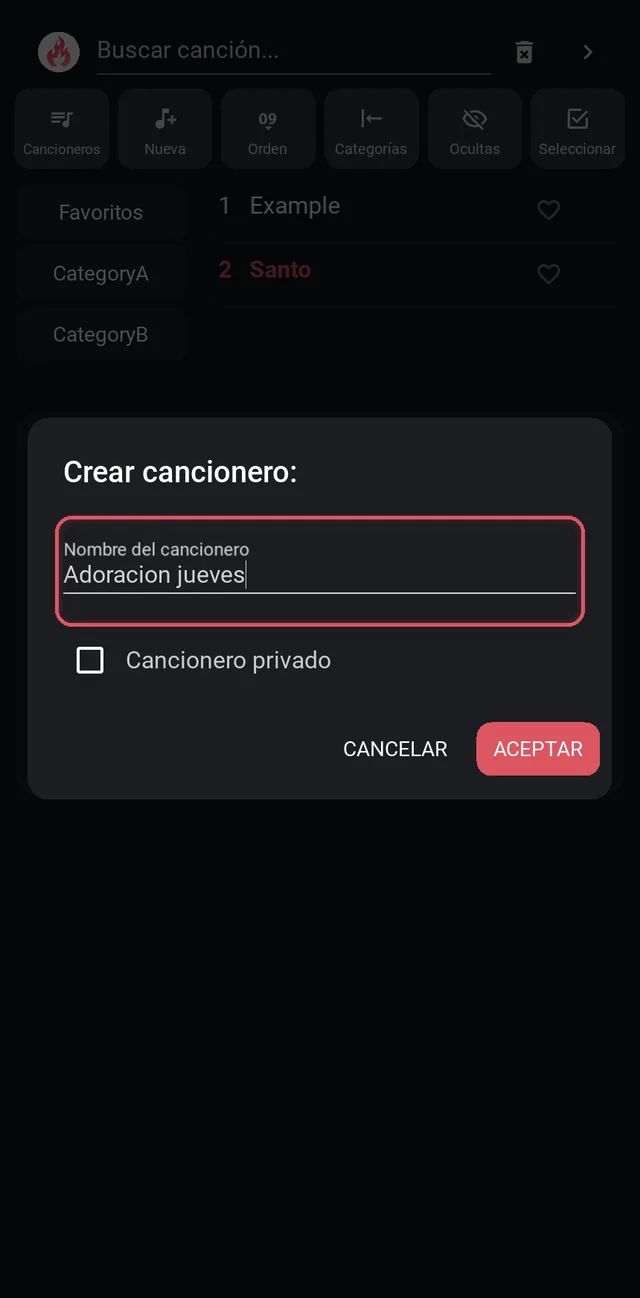 Crear cancionero con el nombre escrito y sin marcar como privado