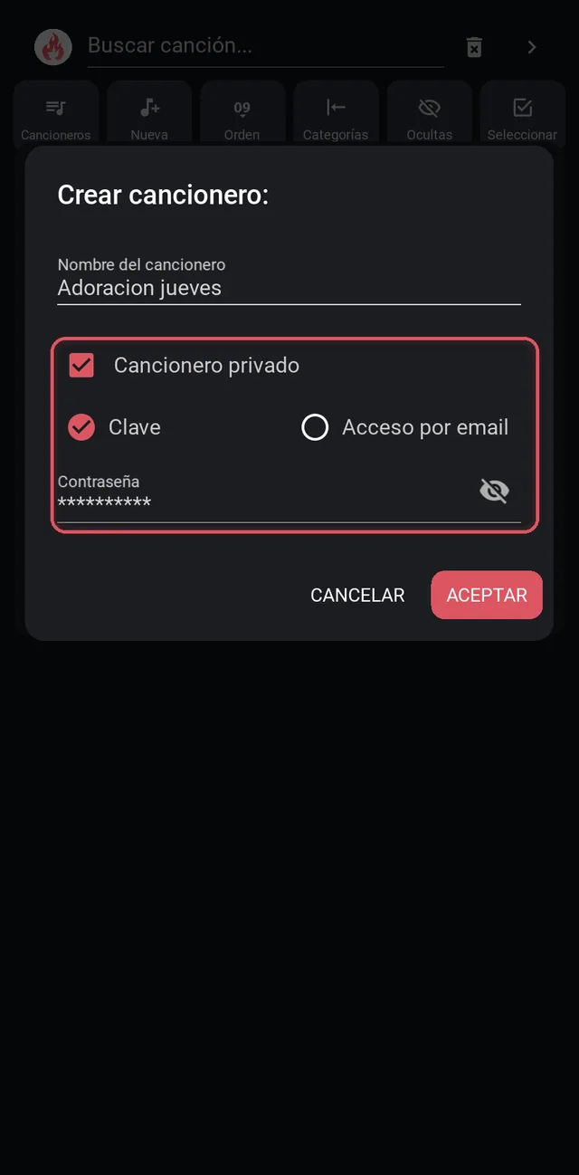Crear cancionero privado con clave