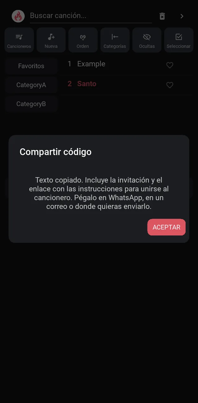 Aviso de invitación copiada para pegarla en WhatsApp o en un correo