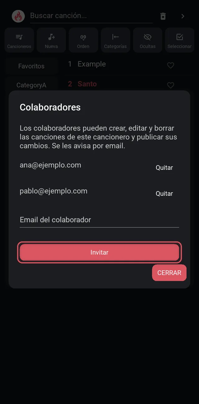 Ventana de colaboradores con dos emails