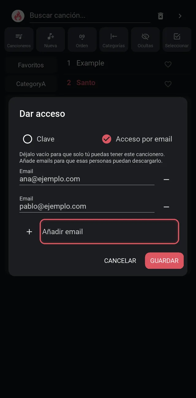 Ventana Dar acceso con dos emails autorizados